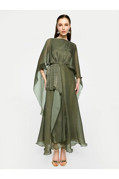 House of Moda By Styli Organza Cape Sleeve Waist Tie-Up Maxi Dress
