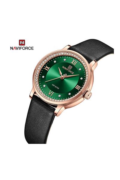 Naviforce Women's Elegant Green & Black Watch – Classic Analog, Leather Strap, Waterproof