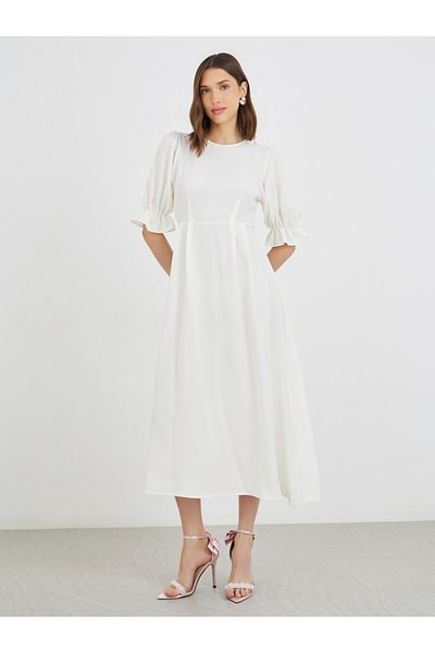 Styli Solid Puff Sleeve Round Neck A-Line Midi Dress