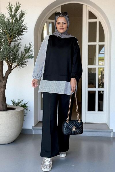 Aselim Hijap Moda Ριγέ πουκάμισο Λεπτομερές Τουνίκ Διπλό Σετ |   Μαύρο με τσέπες, φαρδιά πόδια και τουνίκ