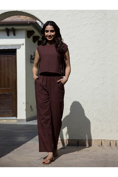 Sanskrutihomes By Styli Women Brown Solid Sleeveless Top and Pants Co-Ords