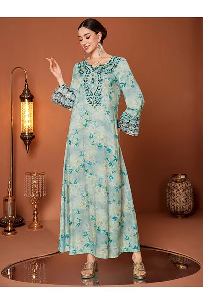 Take Two By Styli Floral Print Embroidered Lace Long Sleeve Jalabiya