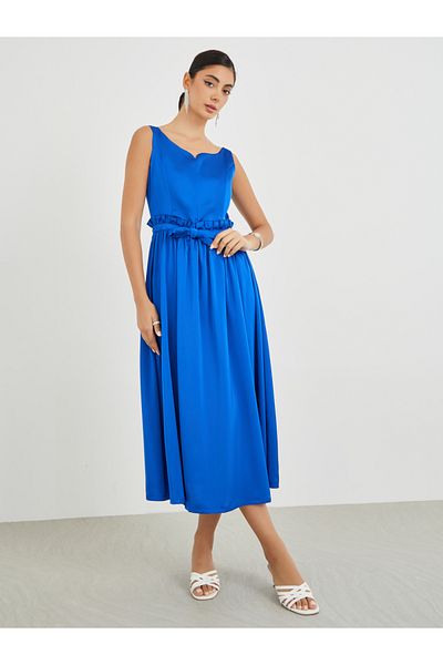 Styli Solid Sleeveless Notch Neck A-Line Midi Dress