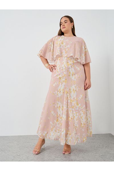 Styli Plus Size Floral Print Cape Sleeve Maxi Dress