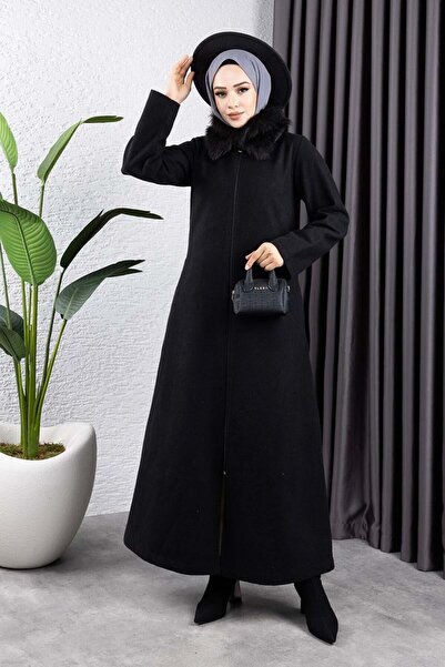 SGS Fur Collar Cashmere Coat Black