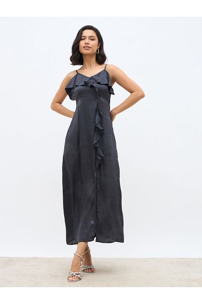 Styli Solid Ruffle Trim Strappy A-Line Maxi Dress with Slit