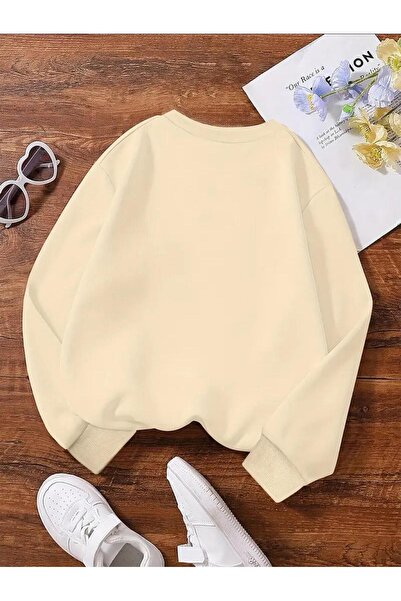 caddekombin Hanorac bej cu gât rotund cu imprimeu Happy