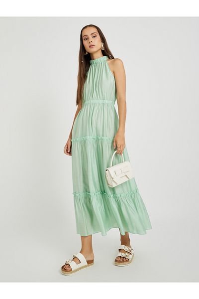 Styli Solid High Neck Sleeveless Tiered Maxi Dress