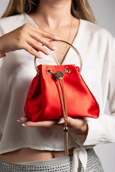 LİLLA Women's Evening Dress Small Red Satin Gold Detailed Bag