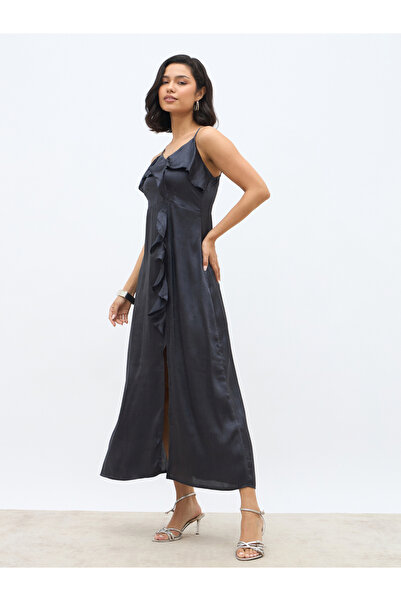 Styli Solid Ruffle Trim Strappy A-Line Maxi Dress with Slit
