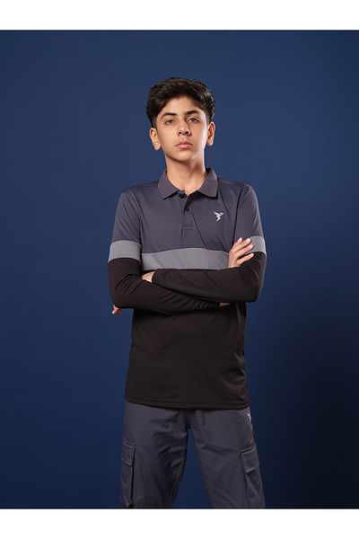 Technosport By Styli Color Block Long Sleeve Polo T-Shirt