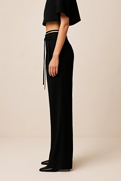 nurbeli Kadın Yüksek Bel Bağcık Detaylı Bol Paça Palazzo Pantolon