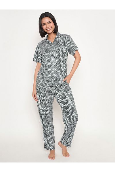 Clovia By Styli Zebra Print Button Down Shirt and Pyjama Set