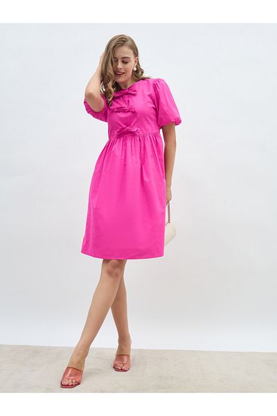 Styli Puff Sleeve Tie-Up Bow Detail Knee Length Dress