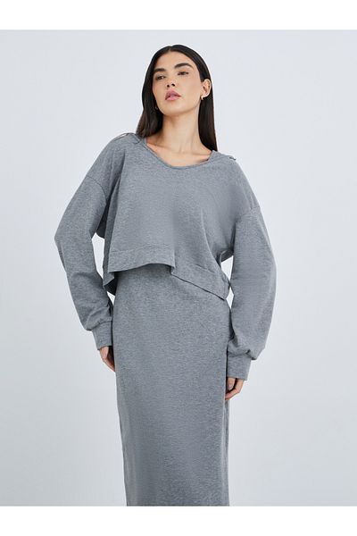 Take Two By Styli Women Grey Solid Hooded Sweatshirt and Midi Sheath Dress Co-Ords
