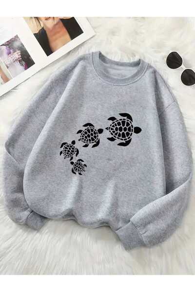caddekombin Four Turtles Printed Crew Neck Gray Sweatshirt