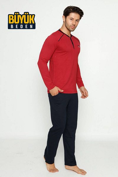ALİMER Men's 3 Buttons Cotton Lycra Plus Size Long Sleeve Pajama Set with Pockets