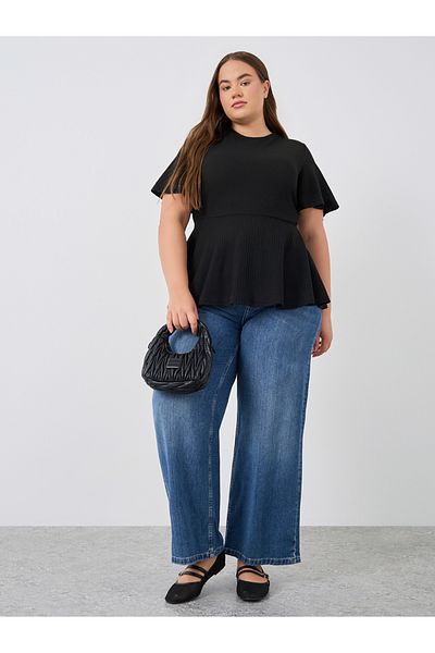 Styli Plus Size Ribbed Round Neck Peplum T-Shirt
