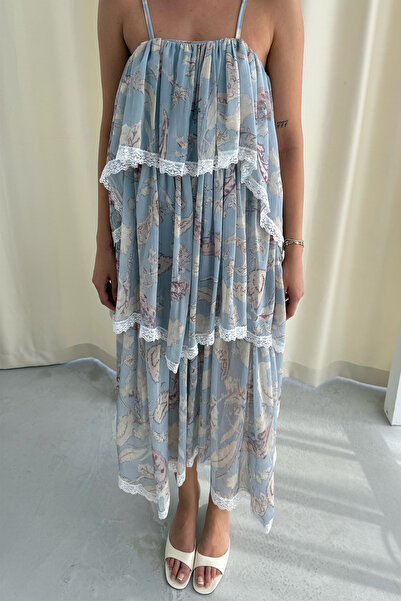 Seda Yalçın Atelier Blue Patterned Layered Midi Dress