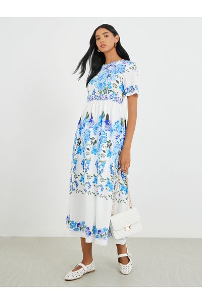 Take Two By Styli Floral Print Short Sleeve Midi Dress