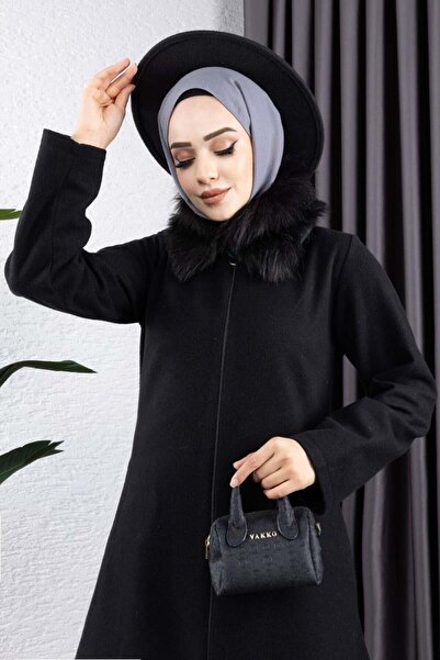 SGS Fur Collar Cashmere Coat Black