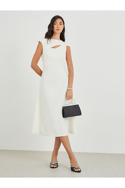 Styli Solid Asymmetric Neckline A-Line Midi Dress
