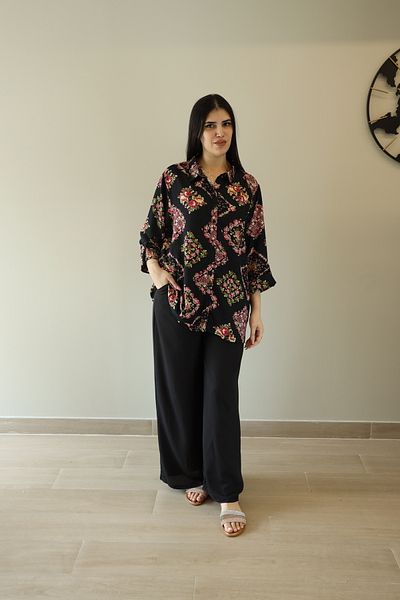 LINELLE Ladies Co-ord Pant Set- Black Shirt with Damask Floral Pattern and Matching Solid Black Pant