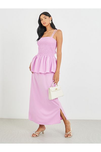 Styli Solid Smocked Strappy Top and Midi Skirt Co-Ords