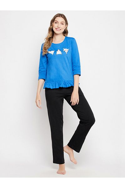 Clovia By Styli Graphic Print Ruffled Hem Cotton Top and Pyjama Set