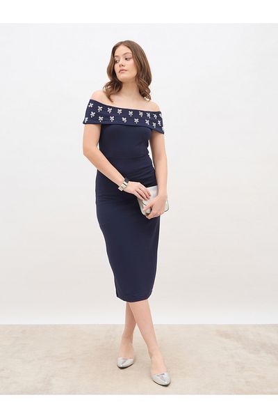 Styli Women Navy Blue Embellished Off-Shoulder Sheath Midi Dress