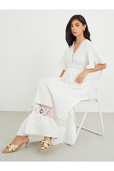 Styli Lace Detail Short Sleeves A-Line Maxi Dress