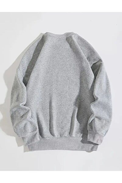 caddekombin Siyah Desenli Kurdele Baskılı Bisiklet Yaka Gri Sweatshirt