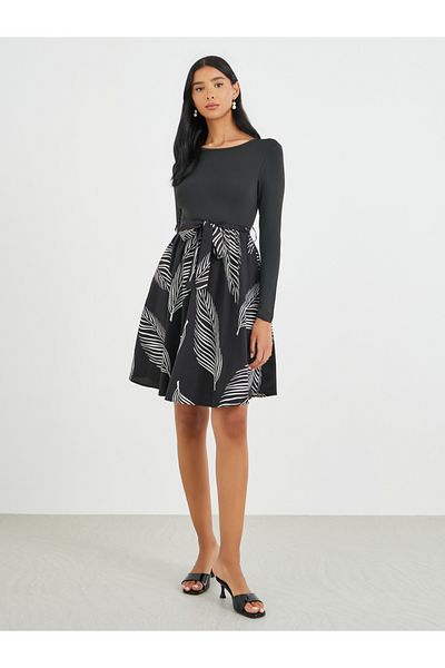 Take Two By Styli Printed Round Neck Belted Knee Length Dress