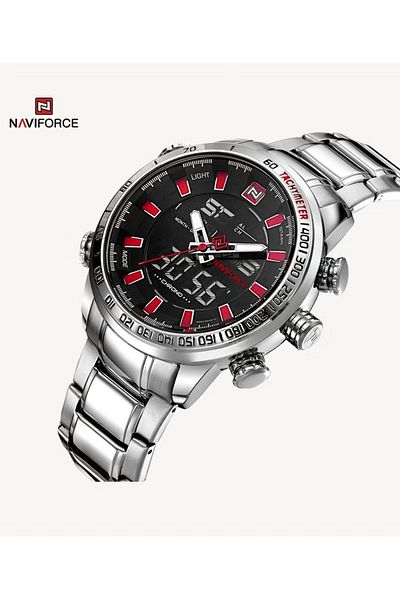 Naviforce Stylish Silver and Black Chronograph Watch for Men Digital Analog Display Stainless Steel Band