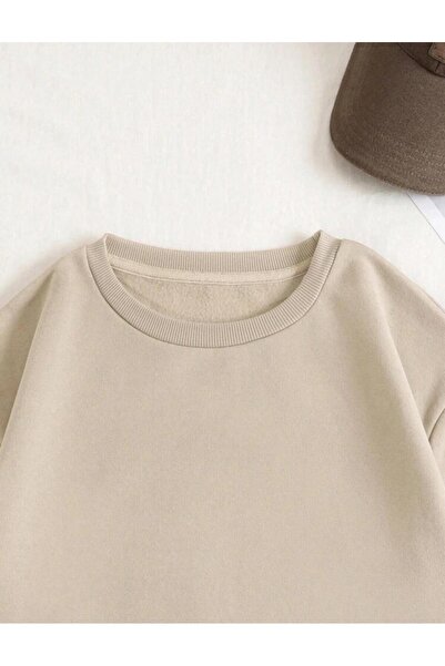 caddekombin Βασικό μπλουζάκι με λαιμόκοψη με μάλλινο εσωτερικό μέρος σε μπεζ χρώμα