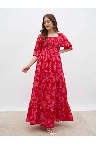 Styli All-Over Print Smocked A-Line Maxi Dress