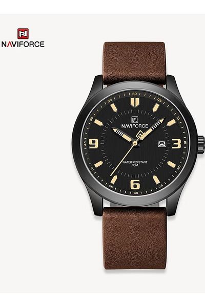 Naviforce Brown Leather Strap Mens Watch Waterproof Analog Quartz Wristwatch with Date Display Luminous