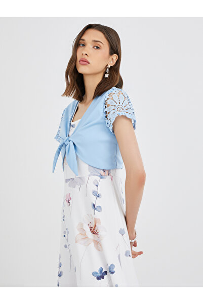 Take Two By Styli Women Floral Print Maxi Dress and Tie Front Lace Sleeve Top Set