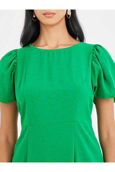 Take Two By Styli Solid Puff Sleeve Ruffle Hem Knee Length Dress