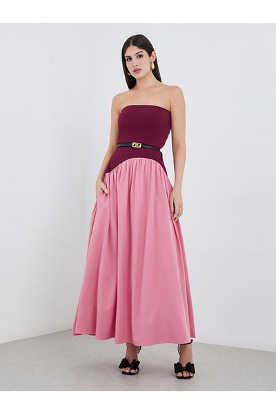 Styli Women Color Block Strapless A-Line Maxi Dress with Belt Detail