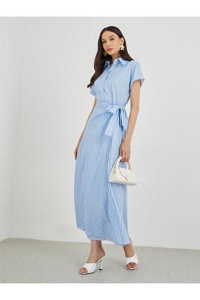 Styli Striped Short Sleeve Collared Maxi Dress with Tie-Up Detail