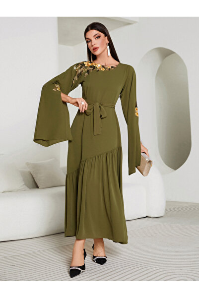 Take Two By Styli Floral Embroidery Split Sleeve Ruffle Hem Belted Maxi Dress