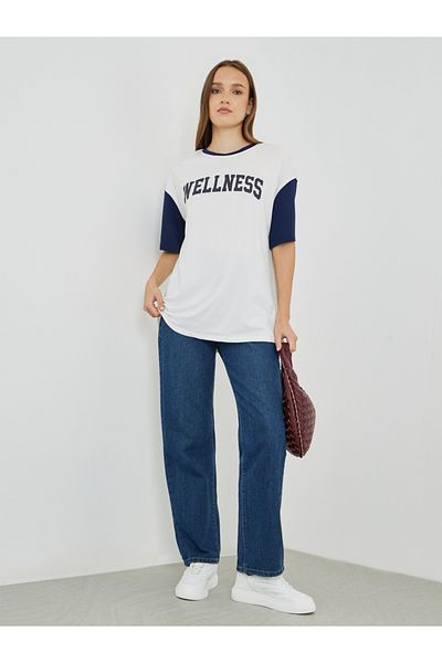 Styli Slogan Print Color Block Round Neck T-Shirt