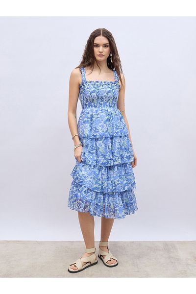Styli Abstract Print Smocked Tiered Midi Dress