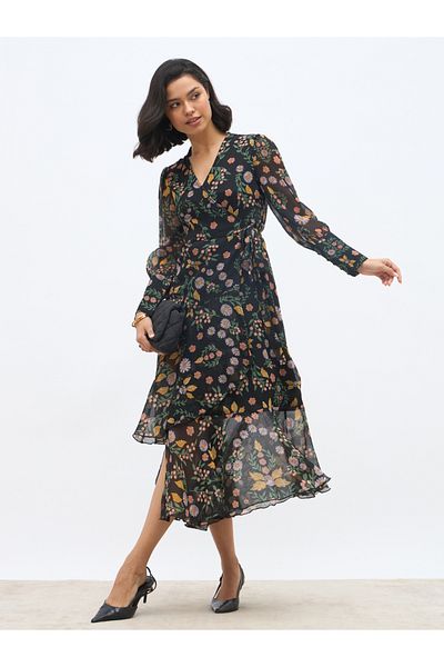 Styli All-Over Print Asymmetric Hem Wrap Midi Dress
