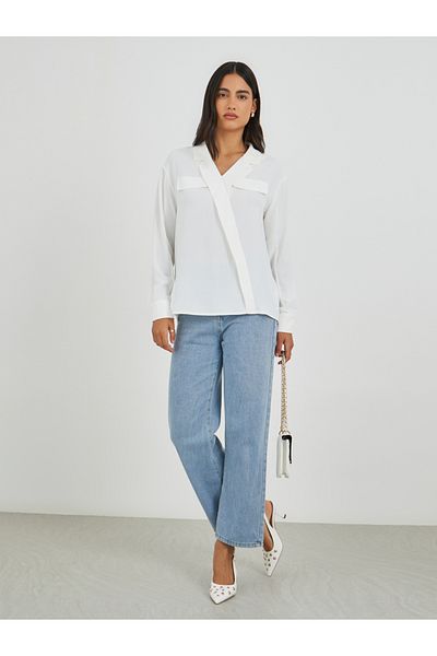 Styli Solid Oversized Wrap Look Blouse with Notch Lapel