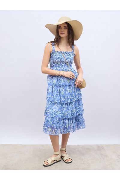 Styli Abstract Print Smocked Tiered Midi Dress