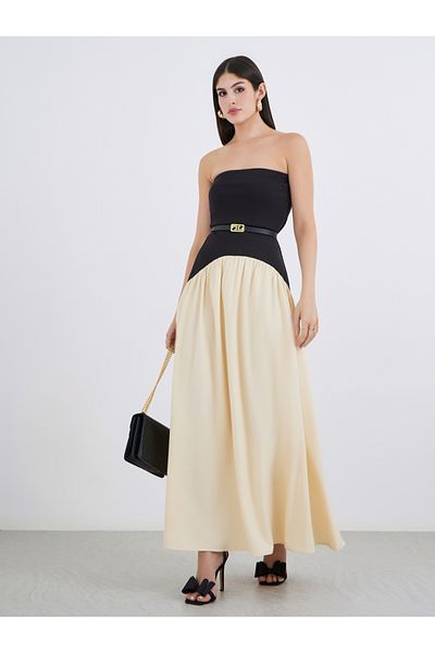Styli Women Color Block Strapless A-Line Maxi Dress with Belt Detail