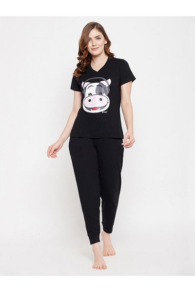 Clovia By Styli Graphic Print V Neck Cotton T-Shirt and Solid Joggers Set