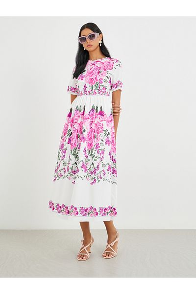 Take Two By Styli Floral Print Short Sleeve Midi Dress